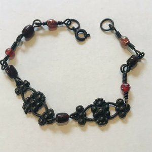 Antiqued Metal Bracelet Brown Beads Baroque Links 7" Spring Ring